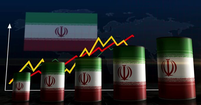 Iran oil business and fuel extraction barrels on growing chart. Iranian petrol industrial metal containers with increase statistic diagram.