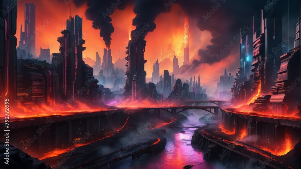 Wall mural AI generated illustration of a futuristic cityscape with lava streaming through, cyberpunk style