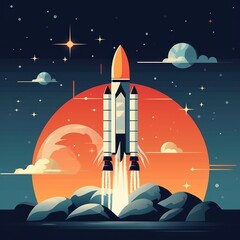 Obraz premium Rocket launch in the sky flying over clouds. Space ship in smoke clouds. Business concept. Start up template. Simple modern flat cartoon design. Space travel.