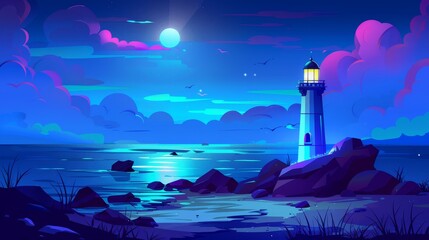 Landscape illustration of lighthouse on beach near sea. Beautiful nature environment at midnight with light house illustration. Fantasy adventure bay shore panorama artwork.