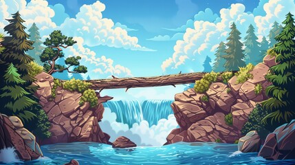 Modern cartoon illustration of tree trunk lying across gap between rocky cliffs, river water falling down, clouds in blue sunny sky, adventure game background.