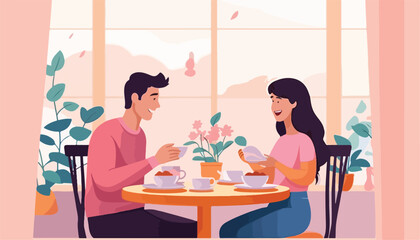 Couple in cafe flat color vector faceless characters. Man and woman sitting at table, drinking tea, talking, chatting