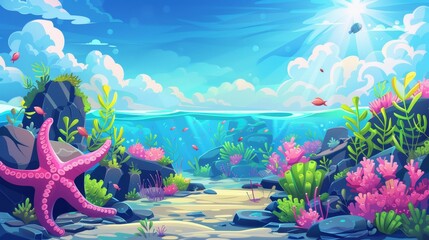Starfish and seaweeds cover the seabed of this underwater landscape. Modern illustration of pink coral reefs and rocky stones, sunlight piercing an ocean horizon, and deep blue ocean plants.