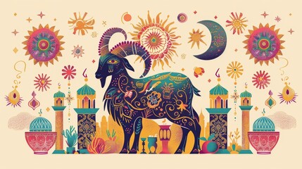 Vibrant Mythical Goat among Celestial Elements, A colorful illustration of a mystical goat adorned with floral and celestial patterns, flanked by Eastern architectural elements.