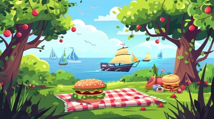 In a summer park, a picnic basket on a blanket sits alongside burgers and fruits while ships sail on the horizon and birds fly in the blue sky.