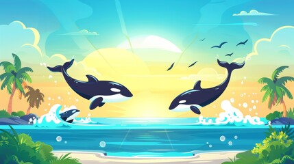 Observing and exploring large cetacean animals in their natural habitat in a cartoon seascape with jumping whales. Sunny day modern illustration with whale or orca tails splashing in the water.