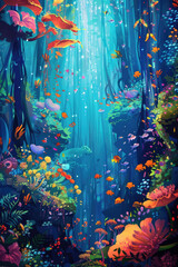 A vibrant painting of underwater life, featuring an array of colorful fish swimming among coral and sea plants