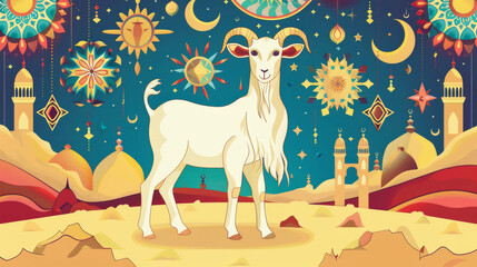 Vibrant Mythical Goat among Celestial Elements, A colorful illustration of a mystical goat adorned with floral and celestial patterns, flanked by Eastern architectural elements.