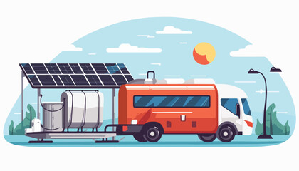 Caravan with solar panel on the roof. Vector illustration in flat style