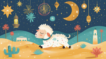 Dreamy Sheep under Starry Desert Sky Illustration, Illustration of a playful sheep in a whimsical desert landscape at night, surrounded by stars and hanging lanterns.