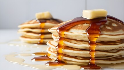 Up-close shot of pancakes with butter and syrup, on plain white surface, against white backdrop.
