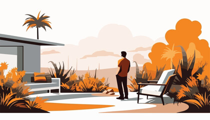 Illustration of a man relaxing in the park with a bench and palm trees