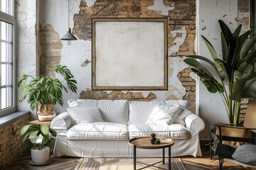 Inviting interior showcasing a white couch against a distressed brick wall with a blank art frame ready for customization