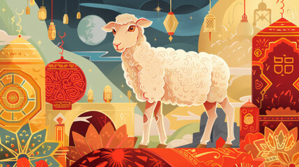 Dreamy Sheep under Starry Desert Sky Illustration, Illustration of a playful sheep in a whimsical desert landscape at night, surrounded by stars and hanging lanterns.