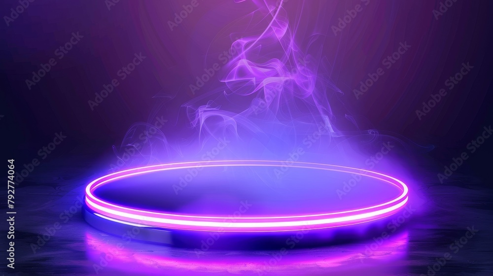 Poster a futuristic cyberpunk round port with rays and fog. white neon game portal with smoke and glow effe