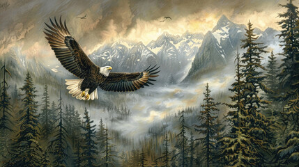 A painting depicting a majestic eagle soaring gracefully over a lush green forest, showcasing the beauty of nature in motion - obrazy, fototapety, plakaty