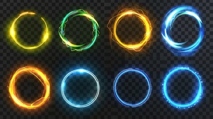 Set of neon light effects isolated on transparent background. Yellow, green, and blue circles and waves, abstract speed motion swirl, magic power trail, futuristic portal ring.