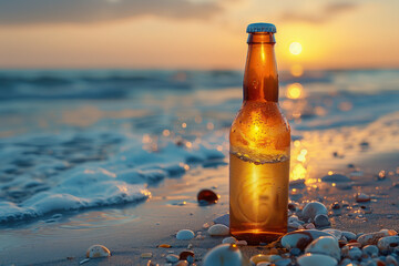 Strandstillleben mit Close-up einer Bierflasche im Sonnenuntergang, mit Wellen im Hintergrund. 