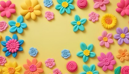 AI generated illustration of colorful clay flowers on a yellow background