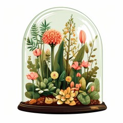 A glass vase filled with a variety of plants and flowers