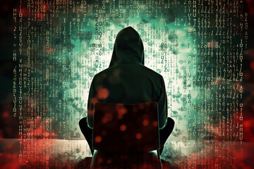 A hooded figure hacking data servers and laptops on the internet while trying to hack vulnerable systems to test cybersecurity and plant a virus or malware, stock illustration image - obrazy, fototapety, plakaty