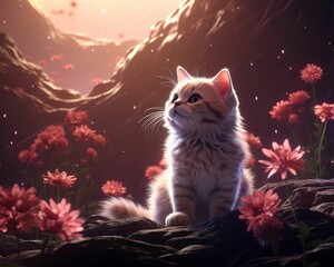 Obraz premium An interstellar wildlife scene featuring a cat with the superpower of invisibility, blending into an alien forest under a twosun sky , 3d render, blender, cute, minimal