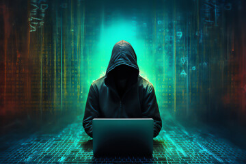 A hooded figure hacking data servers and laptops on the internet while trying to hack vulnerable systems to test cybersecurity and plant a virus or malware, stock illustration image