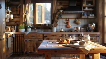 Fototapeta na wymiar cozy kitchen in wooden cabin, table in foreground with gingerbread 