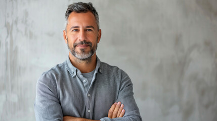 Handsome middle-aged Hispanic man with grey hair and beard standing with crossed arms and looking at camera with serious expression