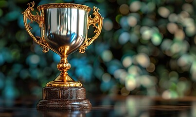 The esports winner trophy standing on the stage in the middle of the arena of the computer video game 