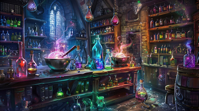 A mystical alchemy laboratory filled with bubbling potions, glowing flasks, and ancient books under the dim light of lanterns