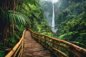 Eco Tourism Destination Wooden Path Leading to Majestic Waterfall in Vibrant Rainforest - obrazy, fototapety, plakaty