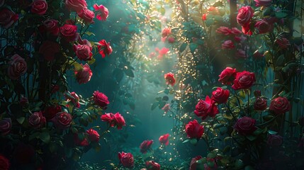This is a photo of red roses growing on a trellis with a stone wall in the background. The roses are in full bloom and there is a bright light shining down from above