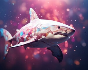 Great white shark with galaxypainted body, abstract, surreal art , 3d render, blender, cute, minimal