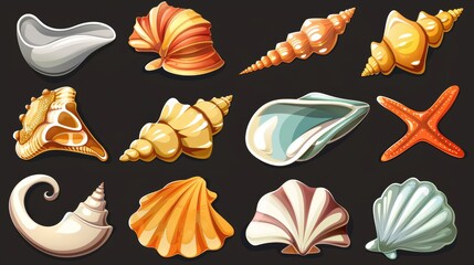 Illustration of seashell set, isolated on black background, with pearl, oyster shell with pearls, mollusk, snail, jewelry souvenir collection. - obrazy, fototapety, plakaty