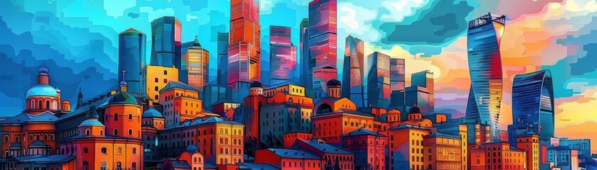 moscow, abstract art, cityscape, panoramic, colorful, modern art, artistic style, architecture, silhouette, kaleidoscope, urban, skyline, building, vibrant, contemporary, design, mosaic, digital art, 