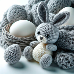 Cute crochet gray Easter bunny and Easter eggs, macro shot