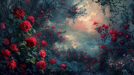This is a photo of red roses growing on a trellis with a stone wall in the background. The roses are in full bloom and there is a bright light shining down from above