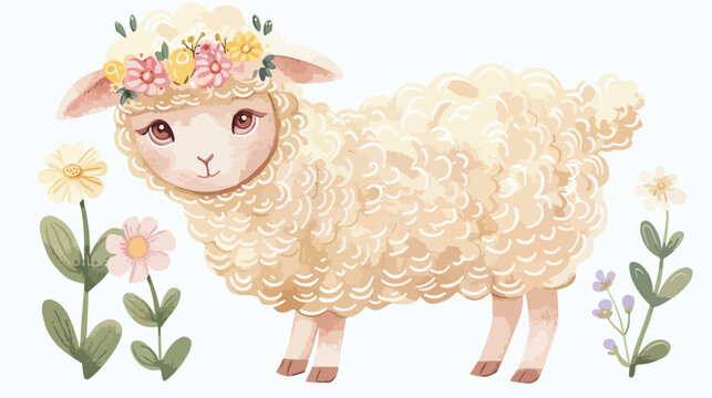 Adorable beige baby lamb decorated with flowers. 