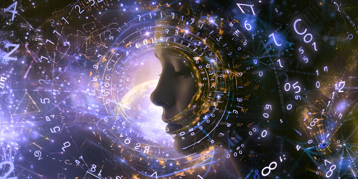 I see numbers and symbols when I close my eyes - side profile of female with closed eyed behind an intricate circular pattern of numbers and symbols and planet deep space beyond ideal for numerology 