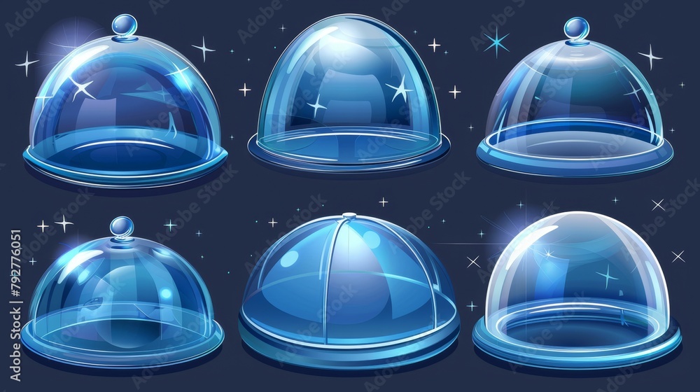 Poster realistic modern illustration set of glossy plastic bubble shield with cylinder and ball shapes. ple