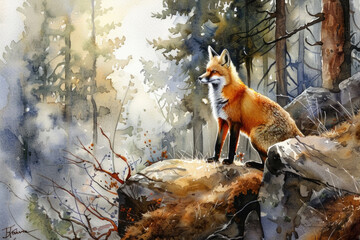 Obraz premium A painting of a fox perched upright on a sturdy rock, showcasing its graceful stance and sharp gaze against a natural backdrop