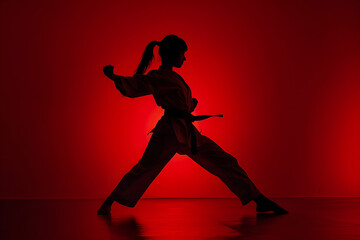 Fototapeta na wymiar A martial artist in a dojo practicing kicks, focus and discipline in her stance, isolated on a power red background, illustrating martial arts training