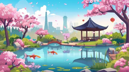 There is a Japanese city park with pink flower sakura trees, a gazebo with koi fishes, and a pond with koi. Cartoon modern illustration of a public garden scene with cherry blossoms, a lake, and an