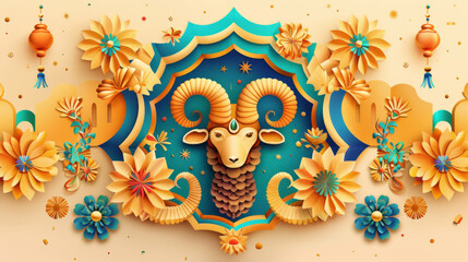 Eid Celebration Celestial Aries Ram in Vibrant Paper Art Design, A bright and bold paper art depiction of the Aries ram, surrounded by celestial motifs and golden floral accents on a teal backdrop.
