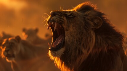 A lion roaring in frustration, with the blurred silhouette of other lions in the pride in the...