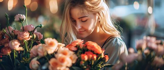 A beautiful young woman with blonde hair smiles as she smells a bouquet of roses. - obrazy, fototapety, plakaty
