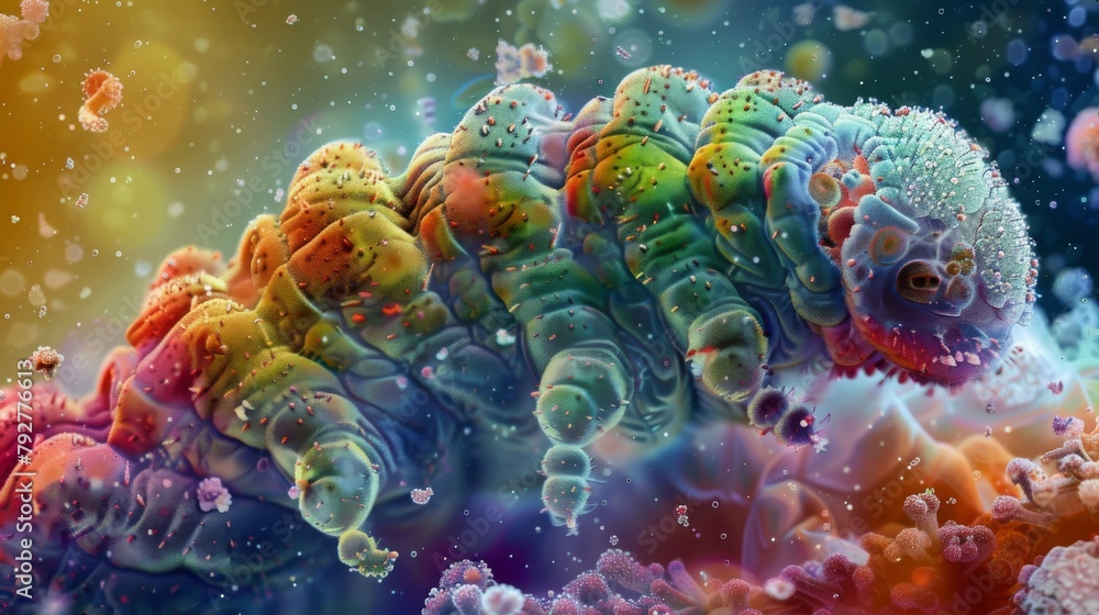 Poster a colorful image of a tardigrade engulfed in a mass of tiny organisms forming a symbiotic relationsh
