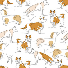 German Shepherd, corgi, Dachshund and Yorkshire Terrier.  One line.