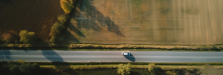 Car Driving on a Long Straight Road at Sunset
